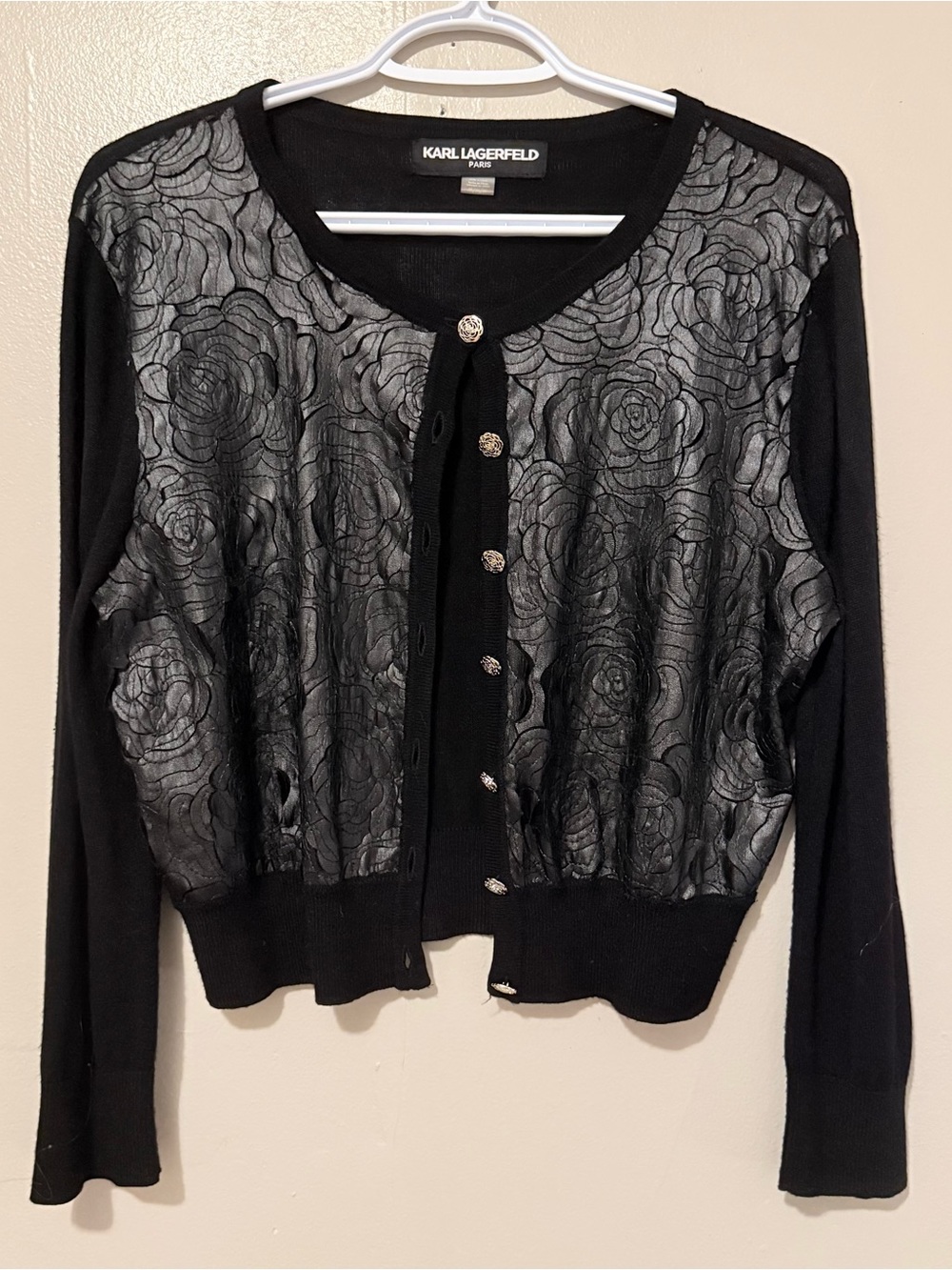 Karl Lagerfeld Black Floral Front Cardigan Sweater